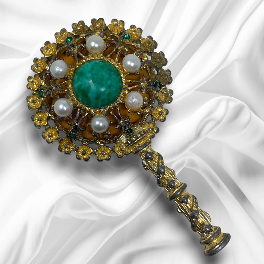 Vtg Ormolu Filigree Gold Gilt Miniature Hand Mirror Faux Pearl Green Cabochon